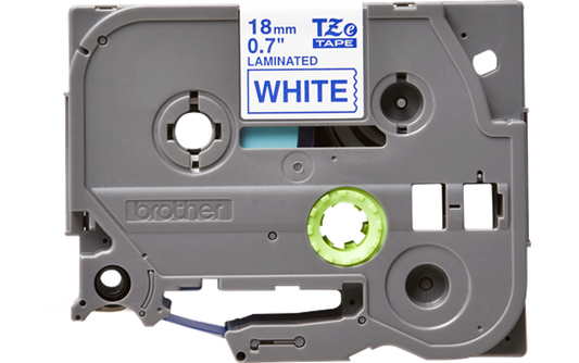 Brother 3/4\" (18 mm) Blue on White TZe P-Touch Tape for Brother PT-1900, PT1900 Label Maker. Laminated tape for indoor and outdoor use. Eco-friendly packaging