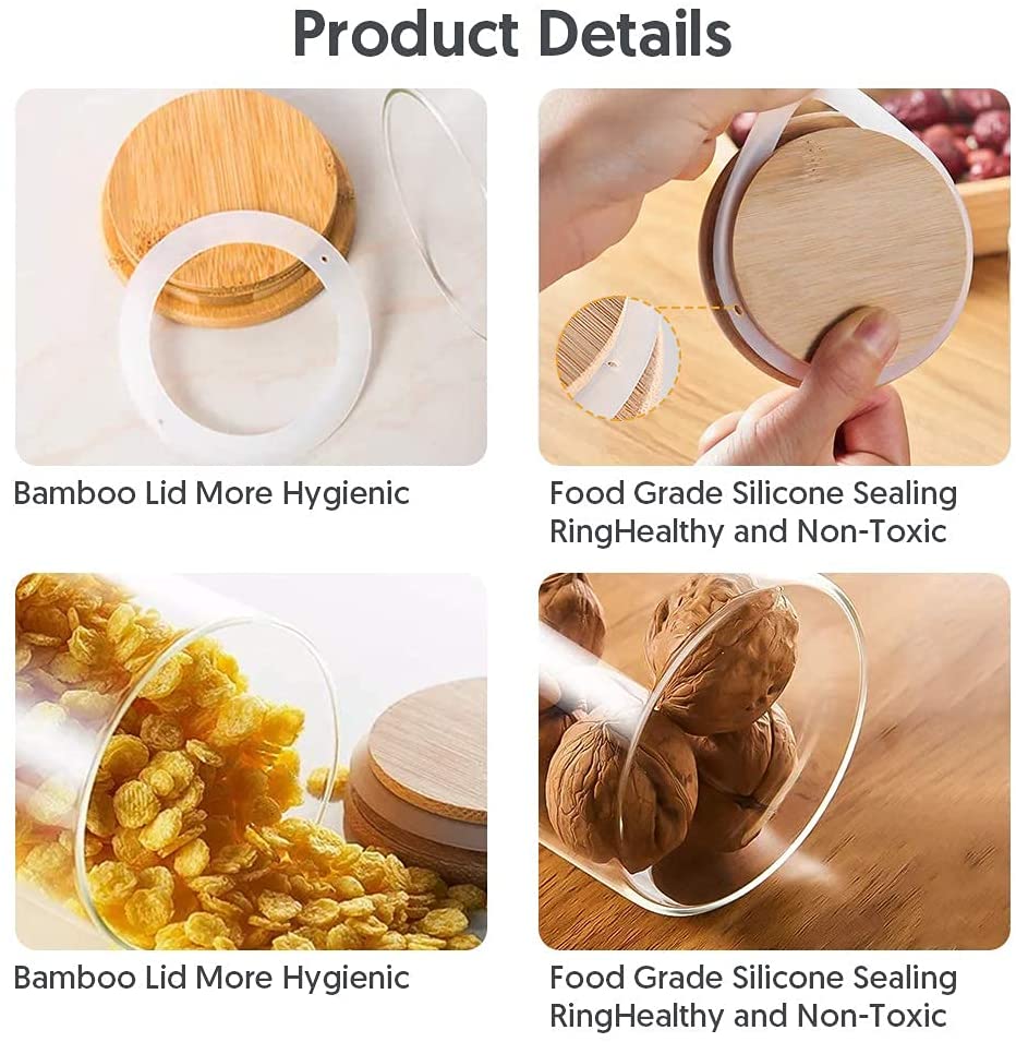 VIKUS 12 Pieces Glass Spice Jars for Kitchen Canisters with Airtight Bamboo Lids and Labels (350 ml)