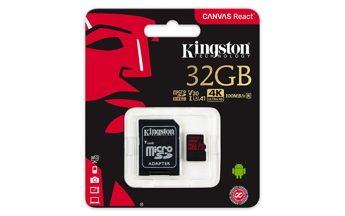 KINGSTON Canvas React: MicroSD 32GB , 100MB/s read and 70MB/s write with SD adapter SDCR/32GB