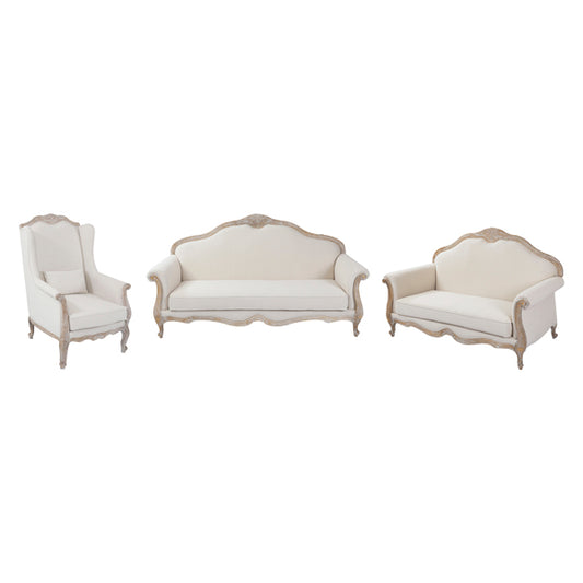 Oak Wood White Washed Finish Rolled Armrest 3+2+1 Seater Sofa Set Linen Fabric