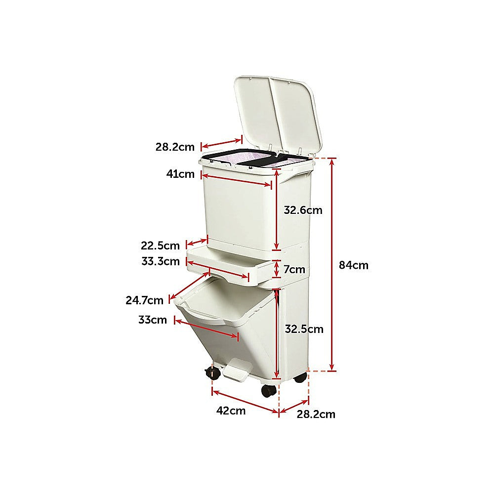 42L Rubbish Bin Waste Trash Can Pedal Recycling Kitchen Wheel 2 Compartment