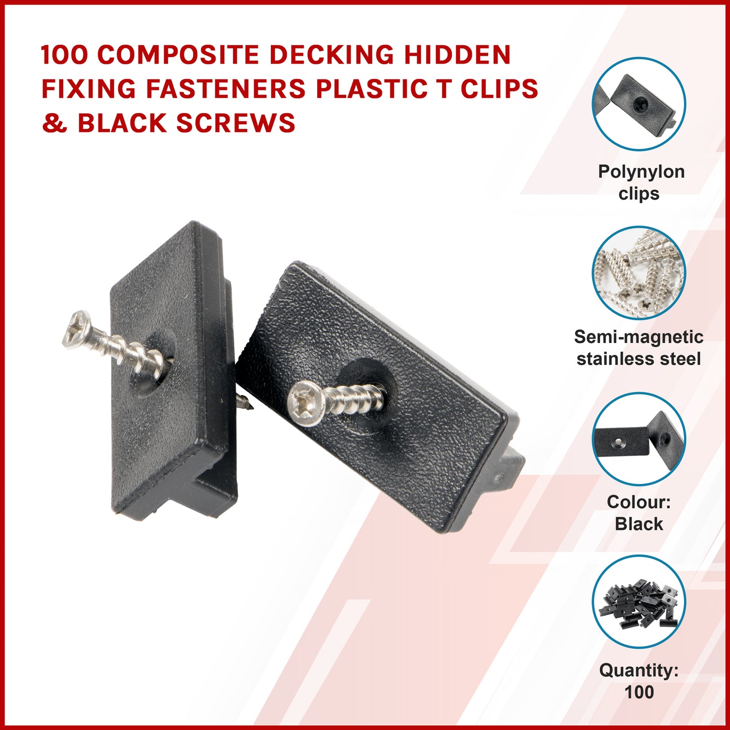 100 Composite Decking Hidden Fixing Fasteners Plastic T Clips & Black Screws