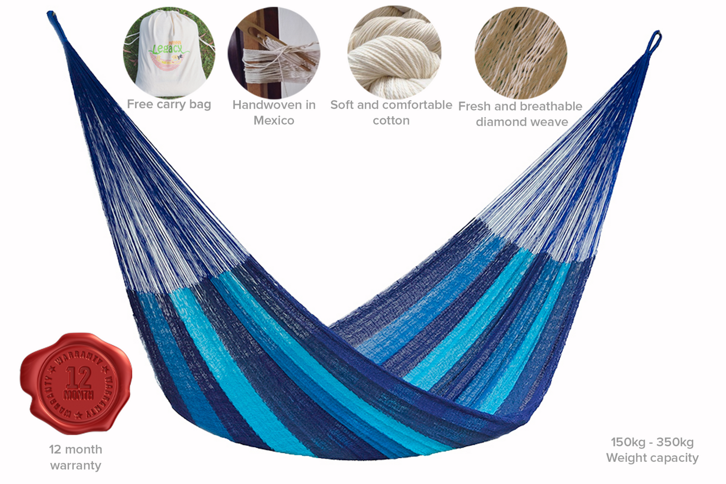 Mayan Legacy King Size Cotton Mexican Hammock in Caribbean Blue Colour