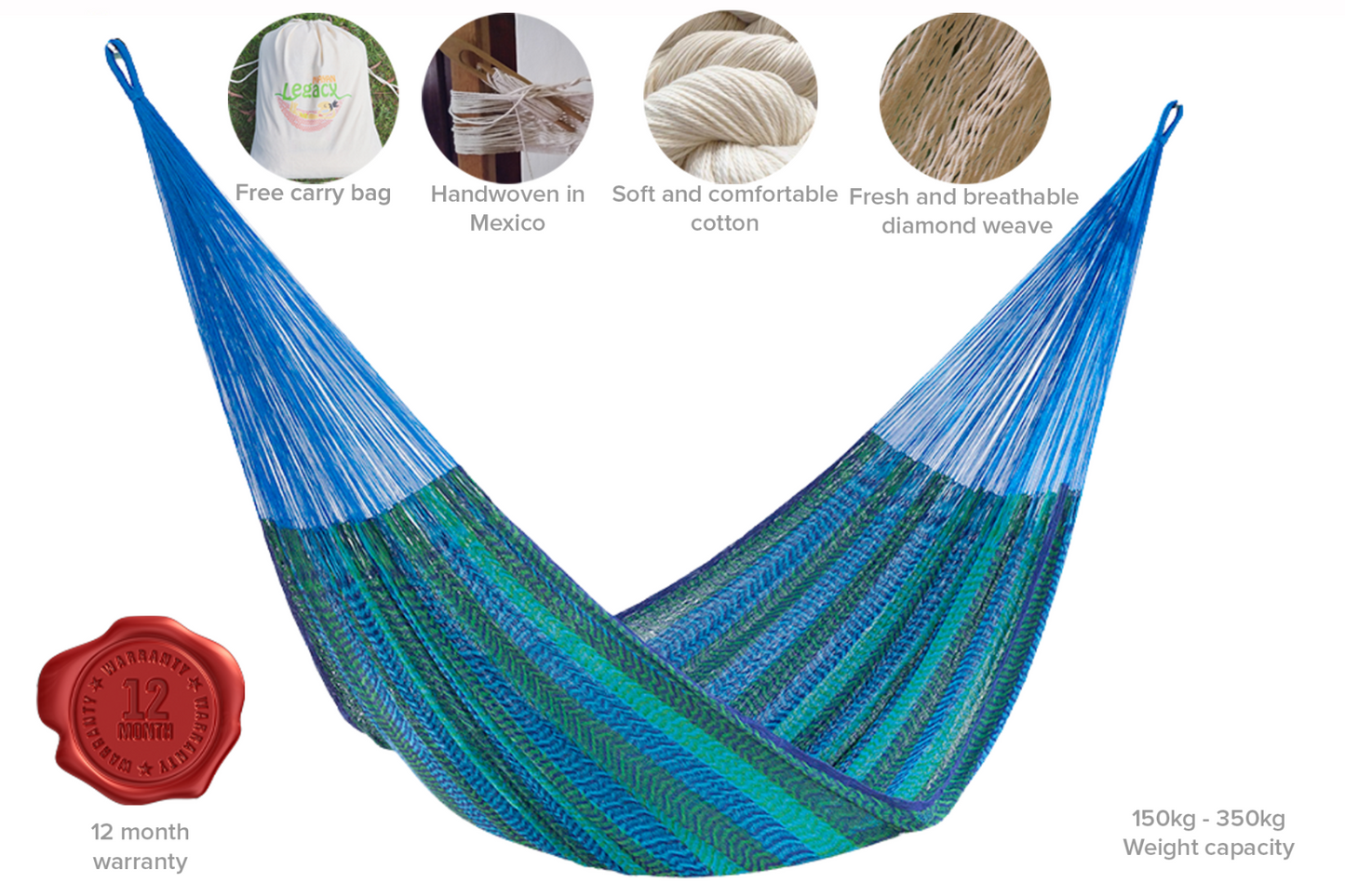 Mayan Legacy Queen Size Cotton Mexican Hammock in Caribe Colour