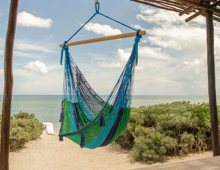 Mayan Legacy Extra Large Outdoor Cotton Mexican Hammock Chair in Oceanica Colour