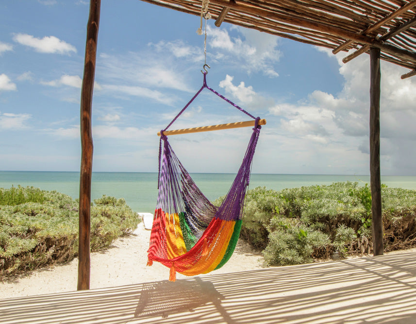 Mayan Legacy Extra Large Outdoor Cotton Mexican Hammock Chair in Rainbow Colour