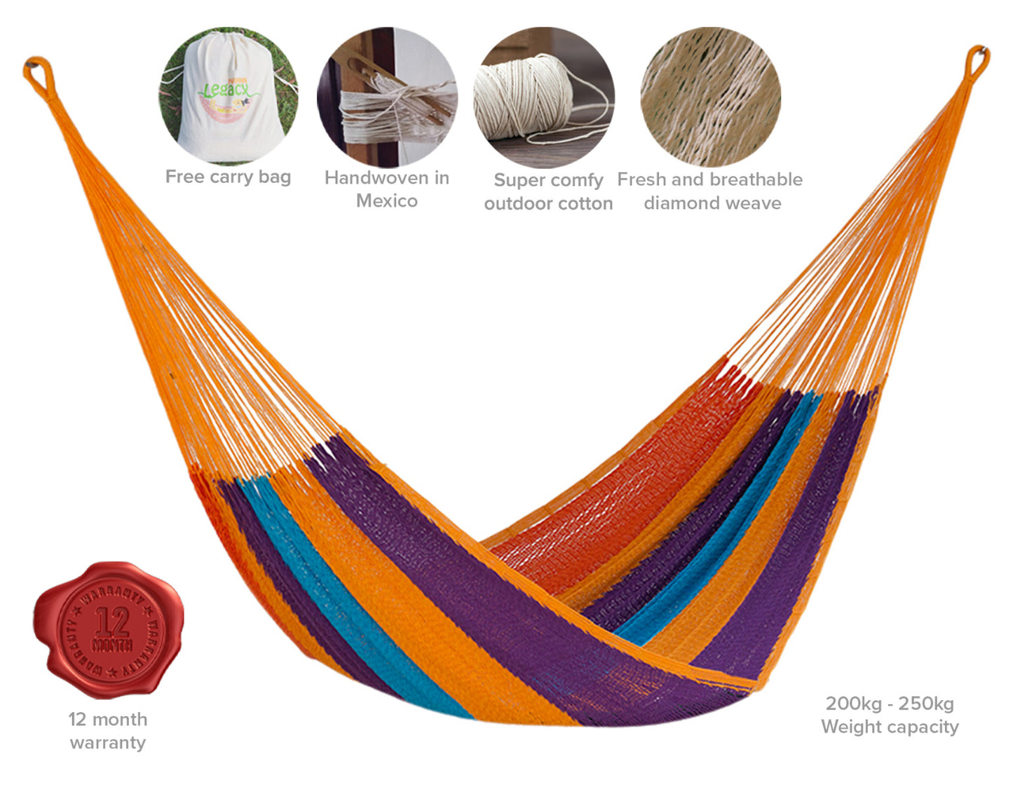 Mayan Legacy Queen Size Outdoor Cotton Mexican Hammock in Alegra Colour