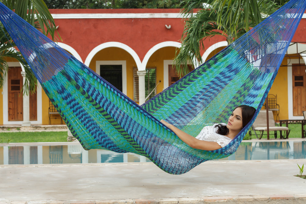 Mayan Legacy Jumbo Size Outdoor Cotton Mexican Hammock in Caribe Colour