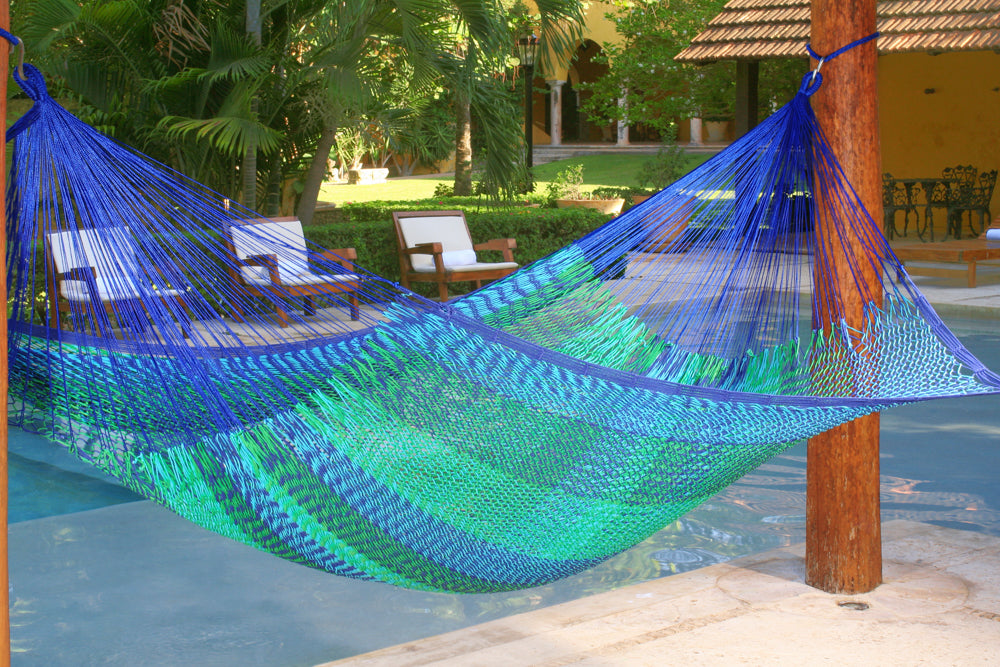 Mayan Legacy Jumbo Size Outdoor Cotton Mexican Hammock in Caribe Colour