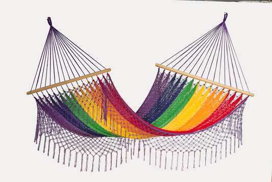 Mayan Legacy King Size Outdoor Cotton Mexican Resort Hammock With Fringe in Rainbow Colour