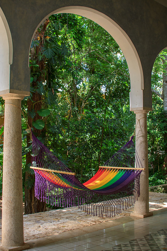 Mayan Legacy King Size Outdoor Cotton Mexican Resort Hammock With Fringe in Rainbow Colour