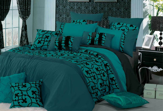 Luxton Queen Size Lyde Teal Black Flocking Quilt Cover Set(3PCS)