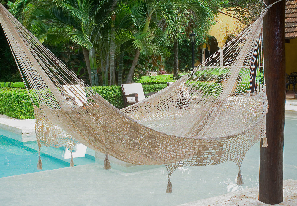 Mayan Legacy Queen Size Deluxe Outdoor Cotton Mexican Hammock in Cream Colour