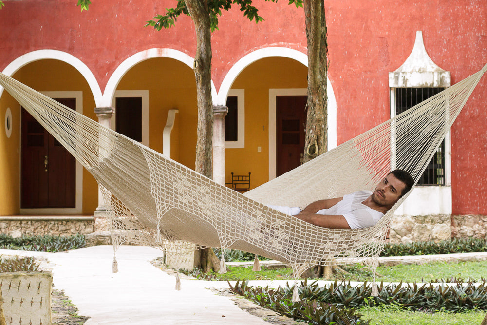 Mayan Legacy King Size Deluxe Outdoor Cotton Mexican Hammock in Cream Colour