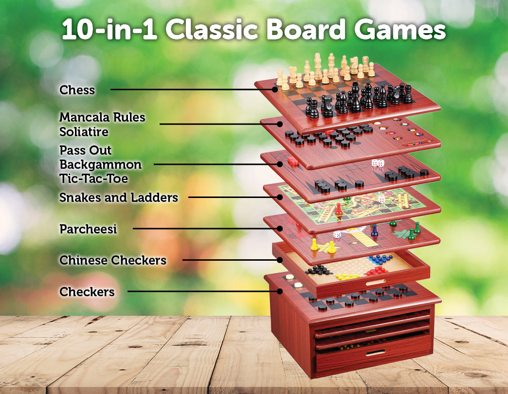 10 in 1 Wooden Chess Board Games Slide Out Checkers House Unit Set