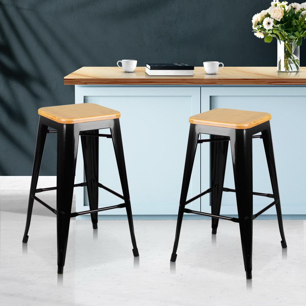 Artiss Set of 2 Wooden Backless Bar Stools- Black