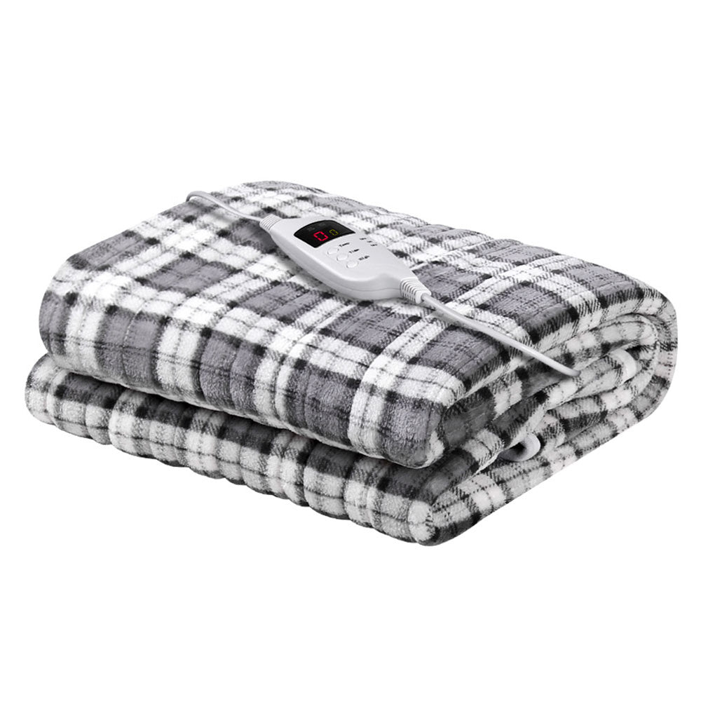 Giselle Bedding Electric Throw Rug Flannel Snuggle Blanket Washable Heated Grey and White Checkered