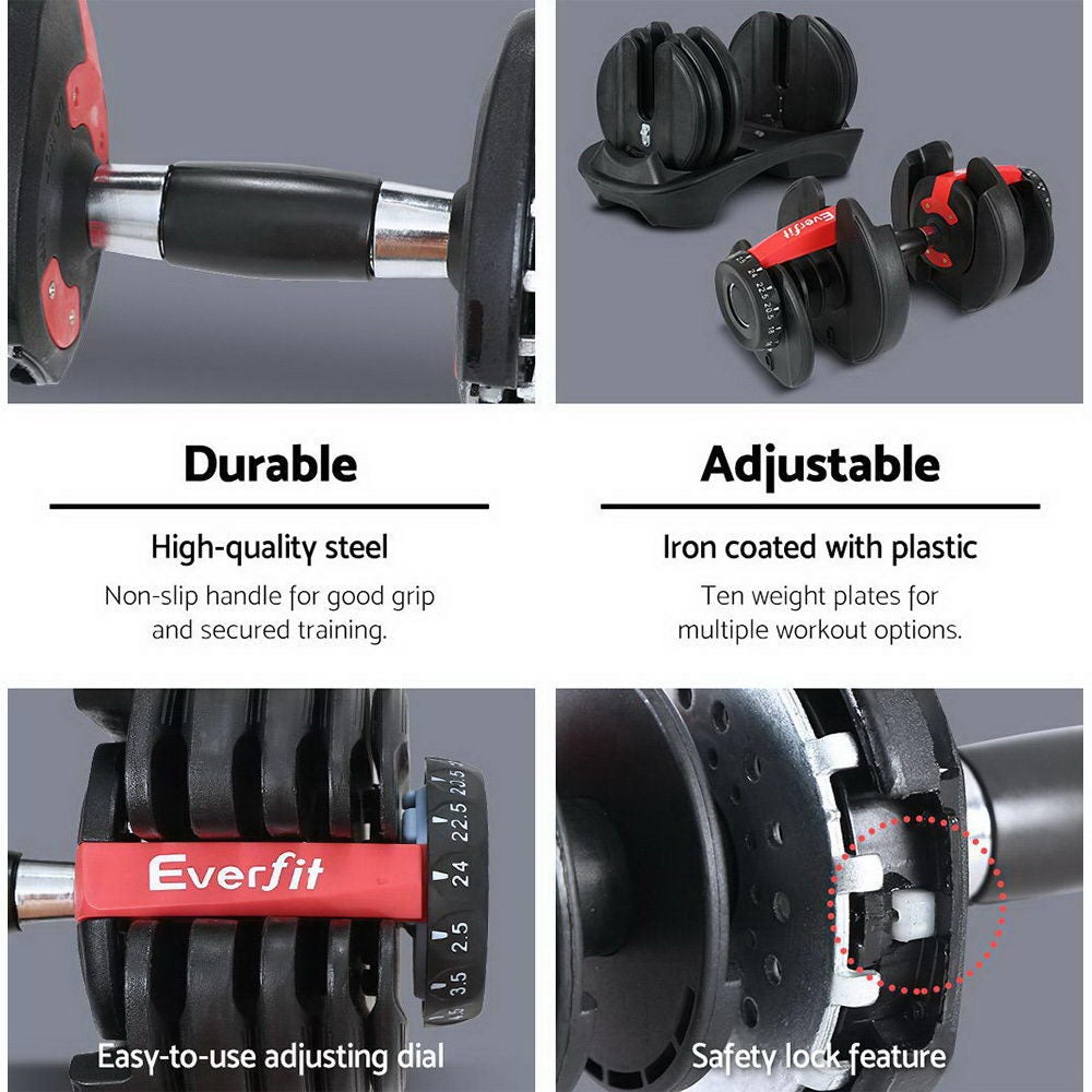 Everfit 24kg Adjustable Dumbbell Set Weight Dumbbells Plates Gym Exercise Fitness