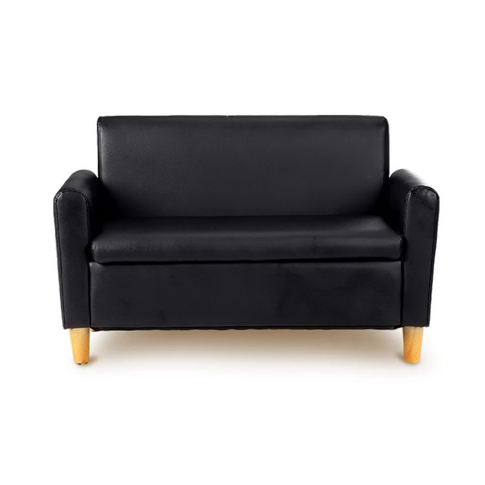 Keezi Kids Sofa Storage Armchair 2 Seater Black PU Leather Children Chair Couch