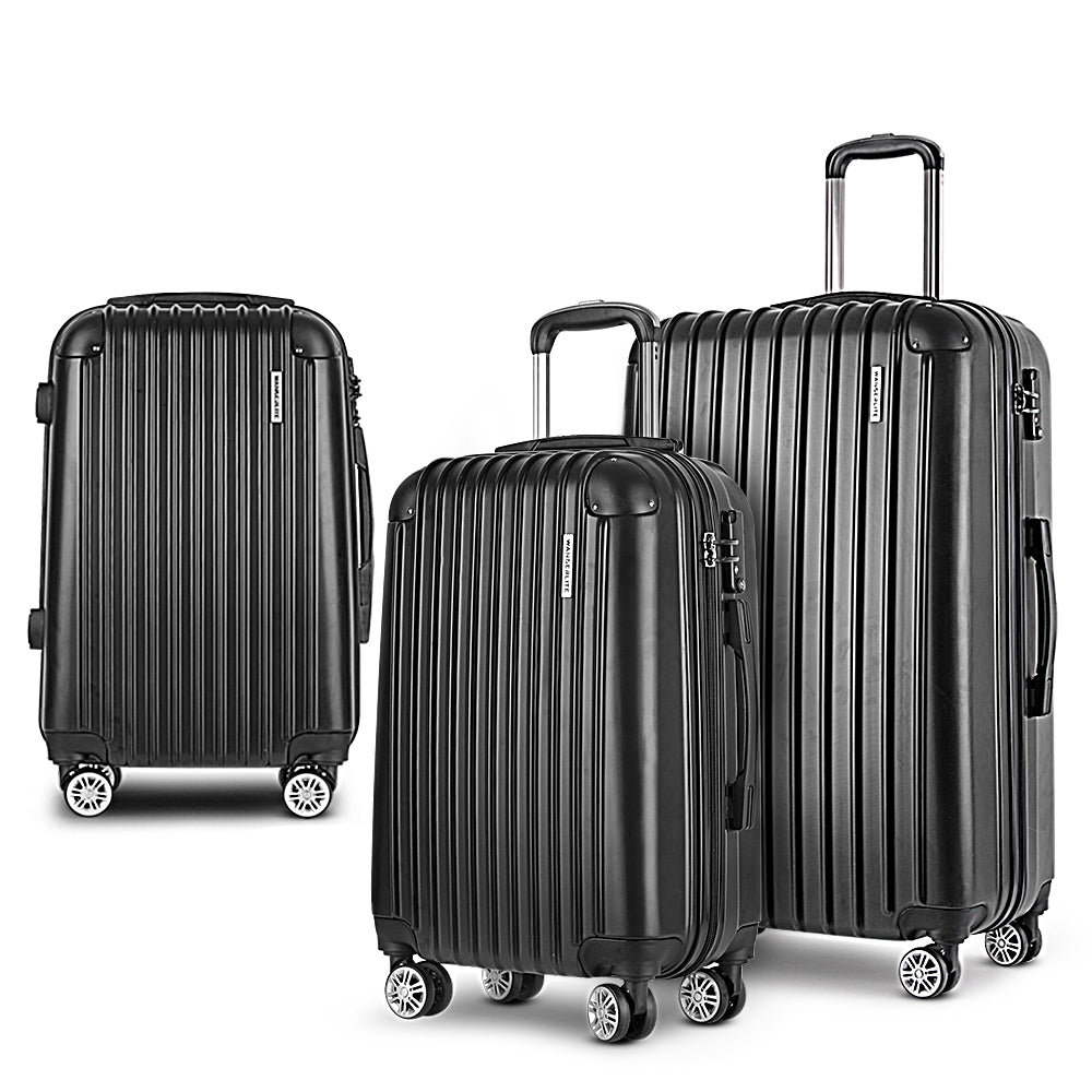 Wanderlite 3 Piece Lightweight Hard Suit Case Luggage Black