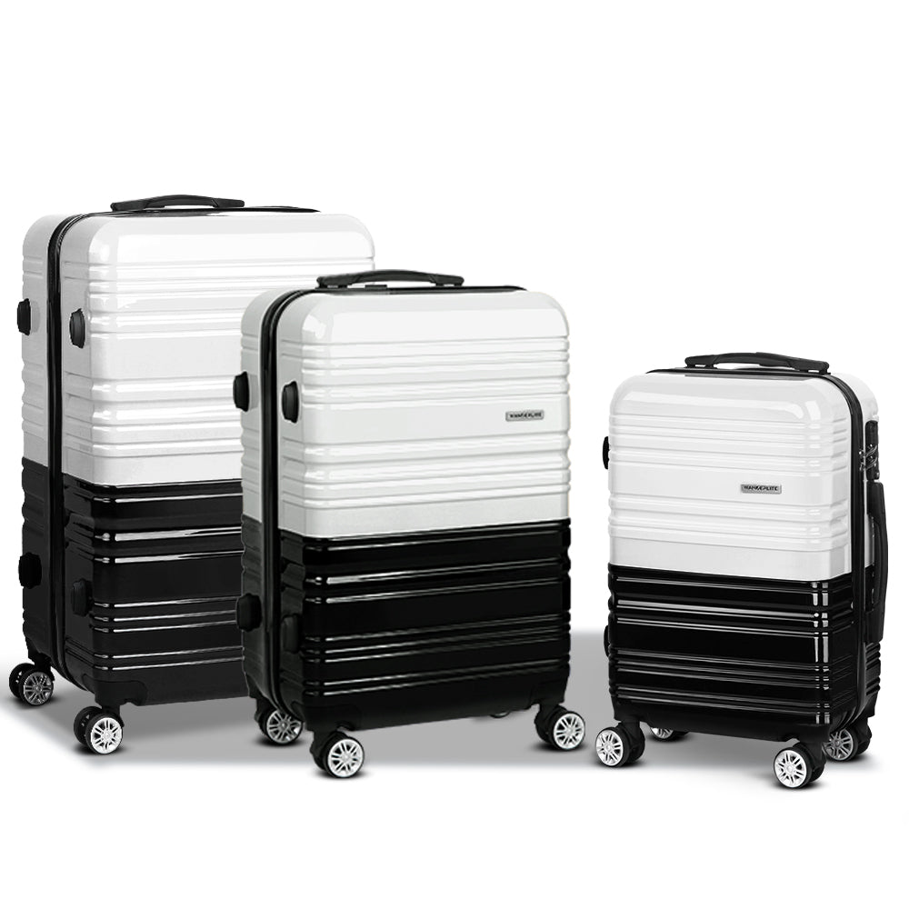 Wanderlite 3 Piece Lightweight Hard Suit Case Luggage Black & White