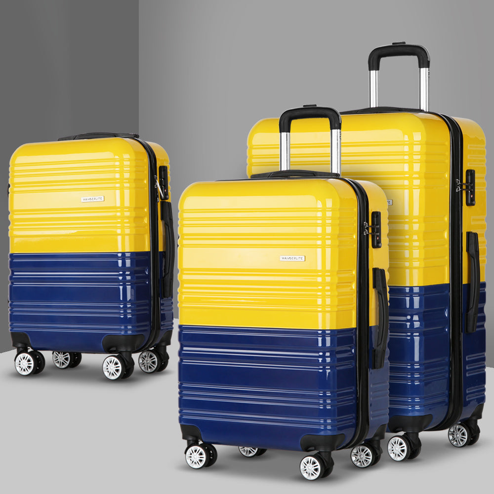 Wanderlite 3 Piece Lightweight Hard Suit Case Luggage Yellow and Navy