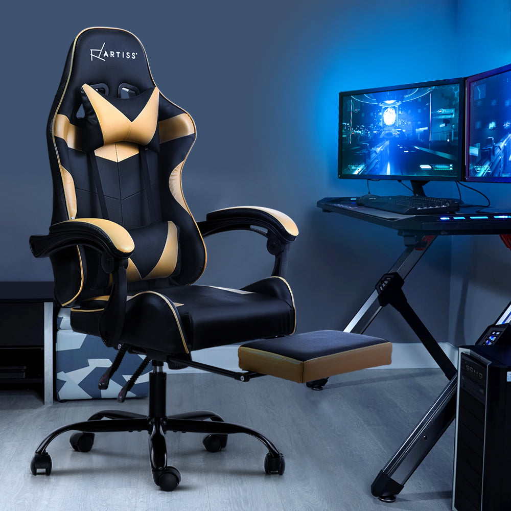 Artiss Office Chair Gaming Chair Computer Chairs Recliner PU Leather Seat Armrest Footrest Black Golden