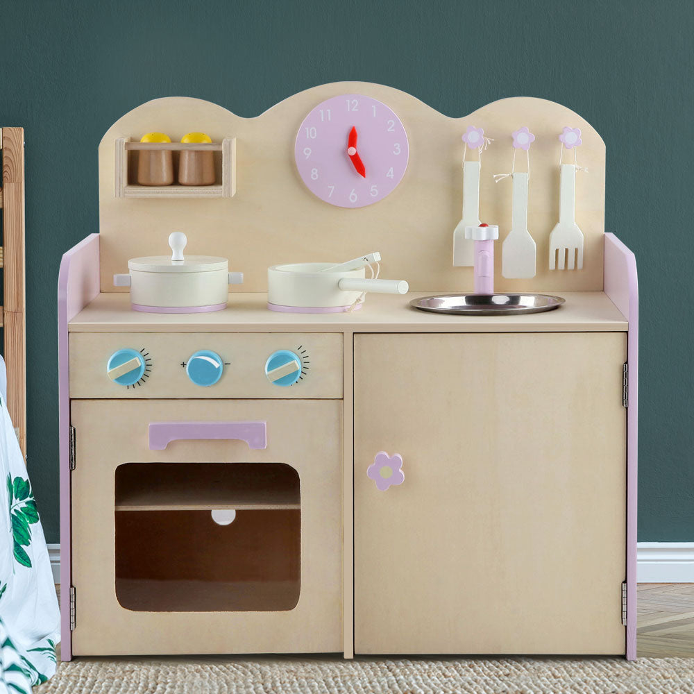 Keezi Kids Wooden Kitchen Play Set - Natural & Pink