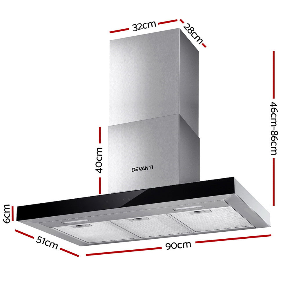 Devanti Range Hood 900mm Rangehood 90cm Stainless Steel Glass Kitchen Canopy Black