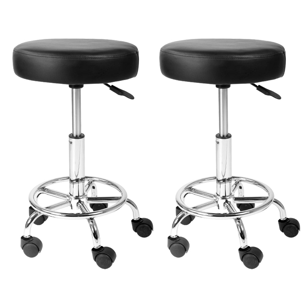 Artiss Set of 2 ROUND Salon Stool Black PU Leather Swivel Barber Hair Dress Chair Hydraulic Lift