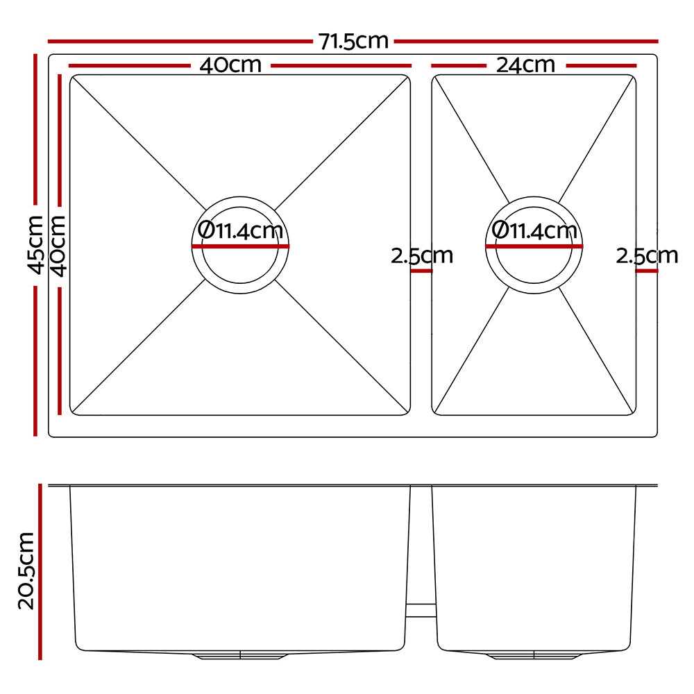 Cefito 71cm x 45cm Stainless Steel Kitchen Sink Under/Top/Flush Mount Silver