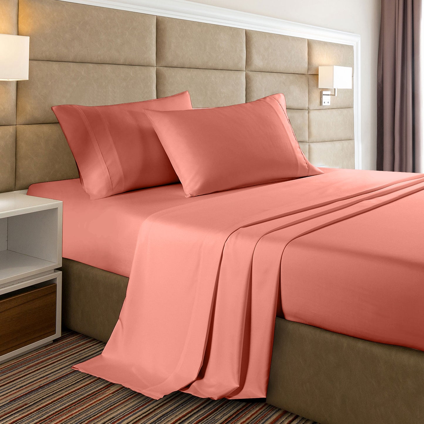 Casa Decor 2000 Thread Count Bamboo Cooling Sheet Set Ultra Soft Bedding - Single - Peach