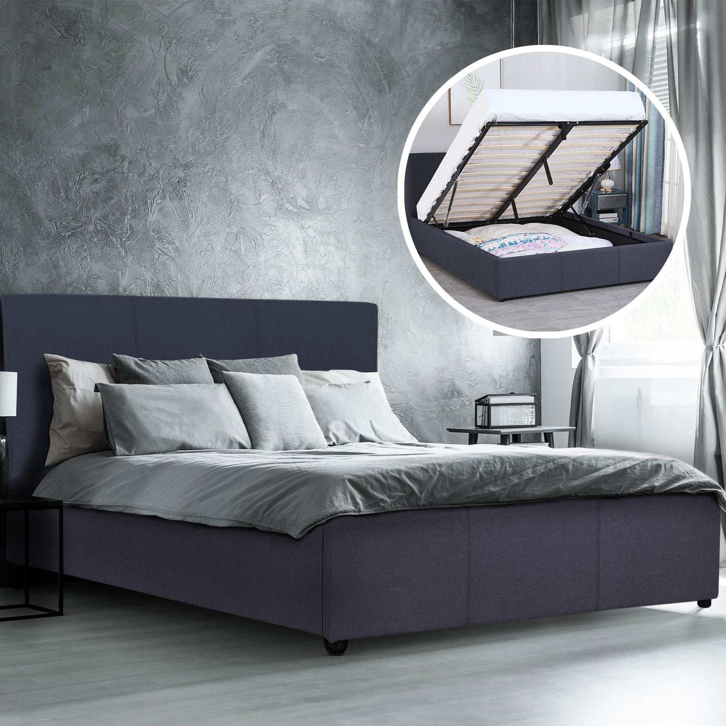 Milano Luxury Gas Lift Bed Frame Base And Headboard With Storage - King - Charcoal