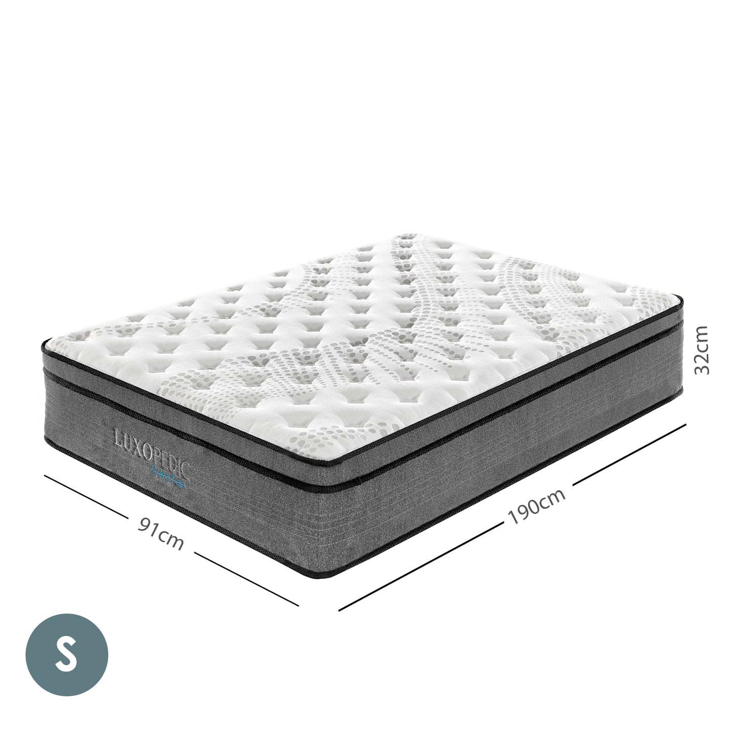 Luxopedic Pocket Spring Mattress 5 Zone 32CM Euro Top Memory Foam Medium Firm - Single - White  Grey