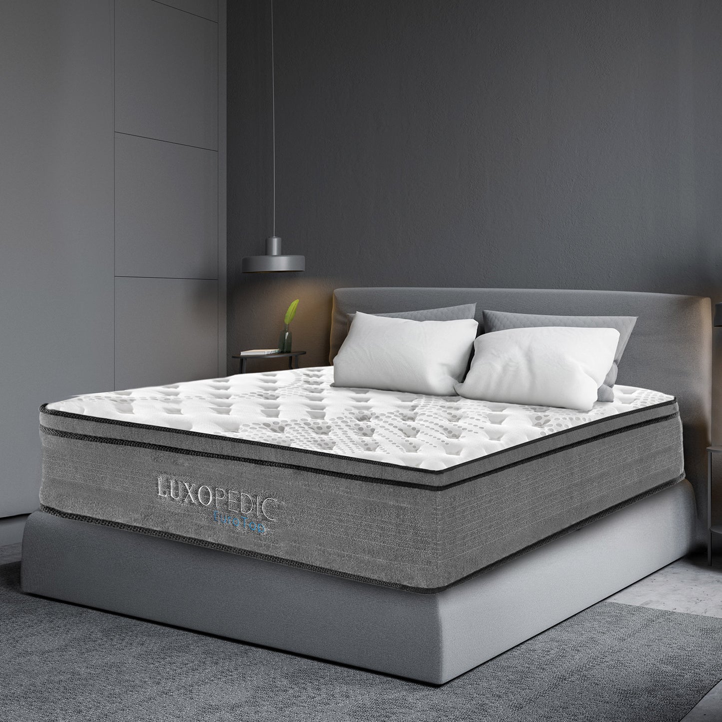 Luxopedic Pocket Spring Mattress 5 Zone 32CM Euro Top Memory Foam Medium Firm - Queen - White  Grey