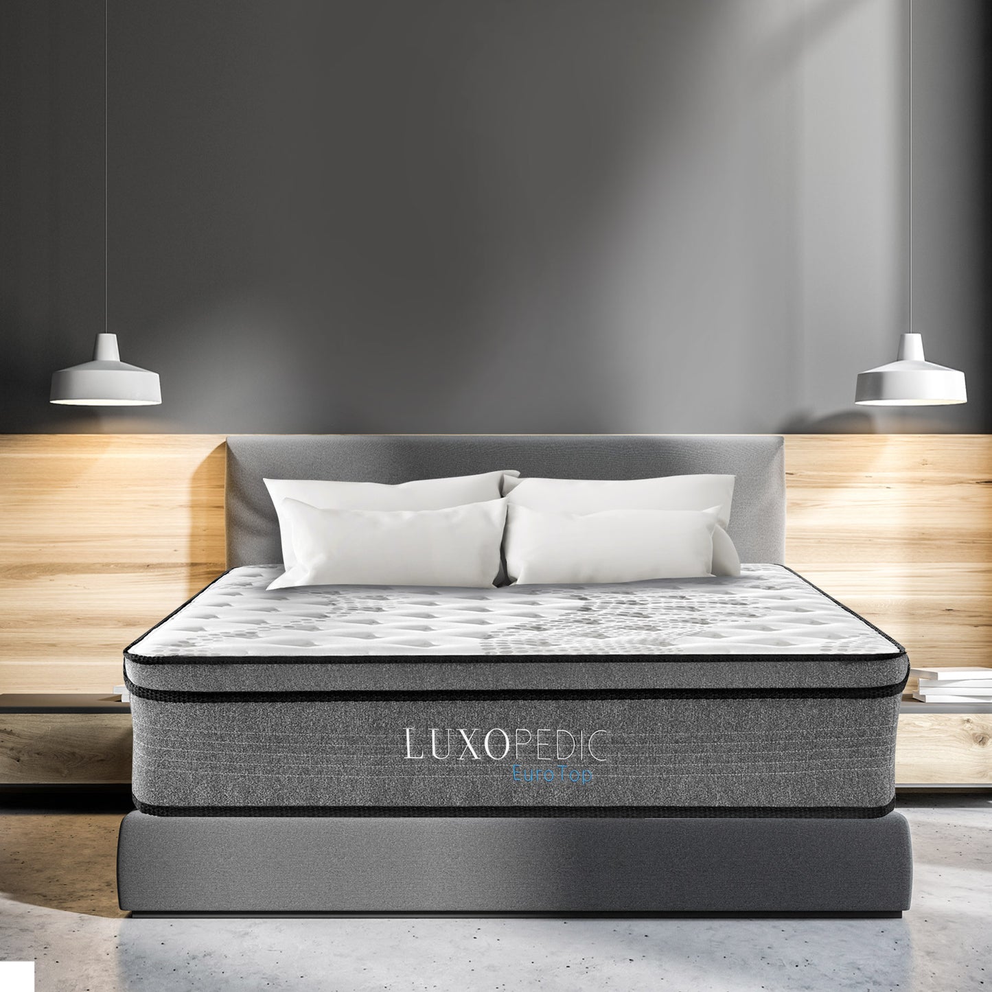 Luxopedic Pocket Spring Mattress 5 Zone 32CM Euro Top Memory Foam Medium Firm - Queen - White  Grey