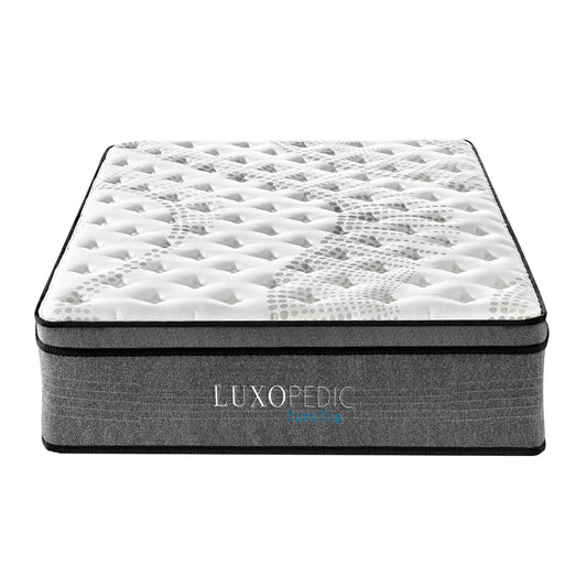 Luxopedic Pocket Spring Mattress 5 Zone 32CM Euro Top Memory Foam Medium Firm - Queen - White  Grey