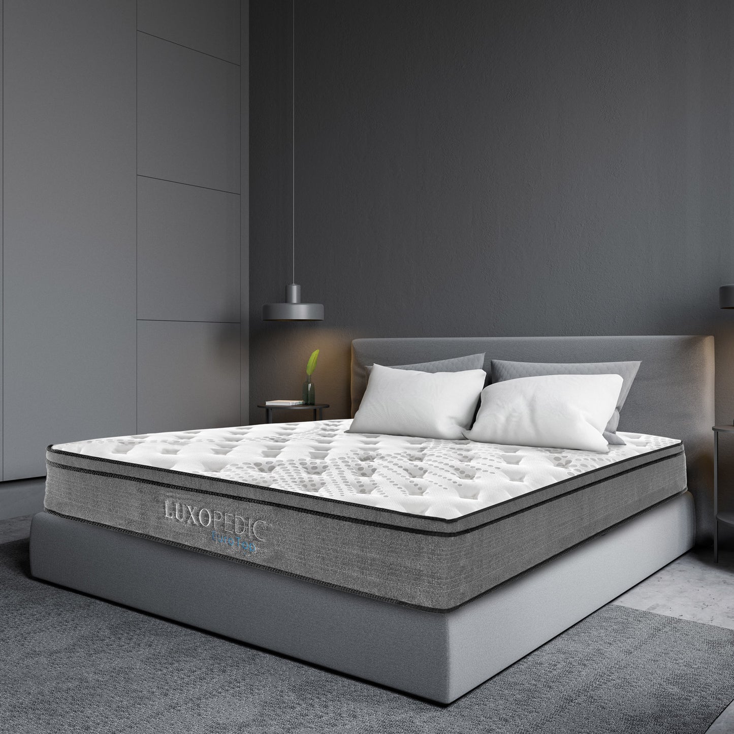 Luxopedic Pocket Spring Mattress 5 Zone 32CM Euro Top Memory Foam Medium Firm - King - White  Grey