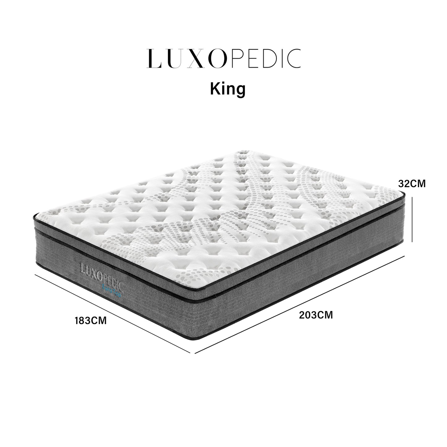 Luxopedic Pocket Spring Mattress 5 Zone 32CM Euro Top Memory Foam Medium Firm - King - White  Grey