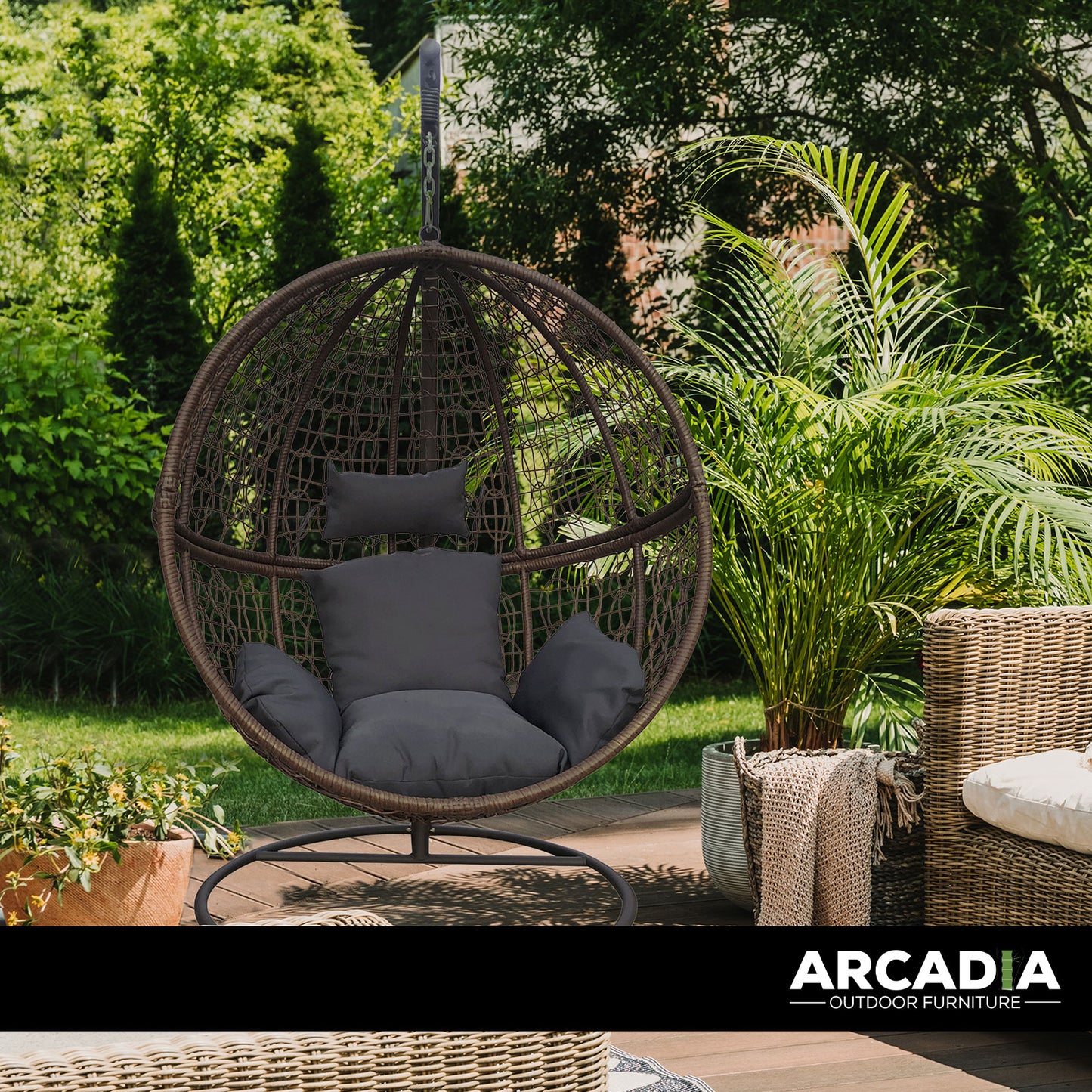 Arcadia Furniture Rocking Egg Chair Outdoor Wicker Rattan Patio Garden Circular - Brown and Grey