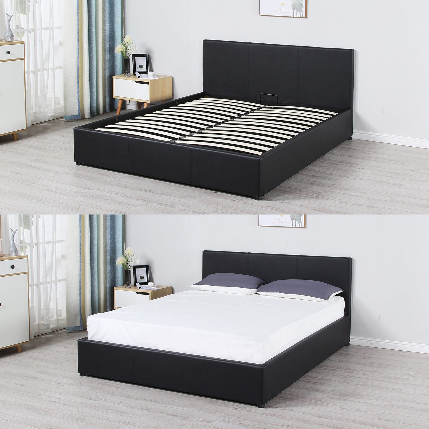 Milano Luxury Gas Lift Bed Frame And Headboard Double Queen King Black Dark Grey - Queen - Black