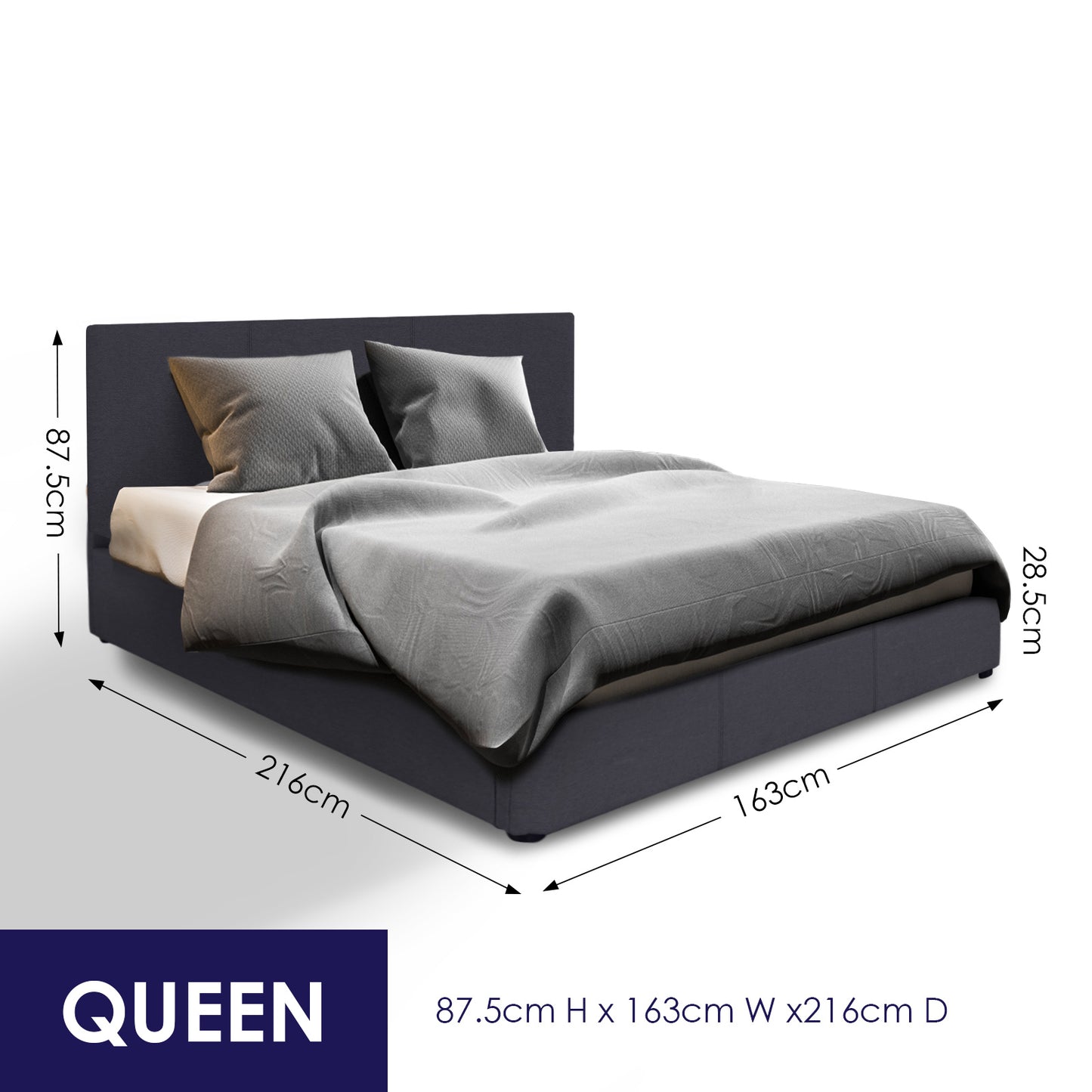 Milano Luxury Gas Lift Bed Frame And Headboard Double Queen King Black Dark Grey - Queen - Black