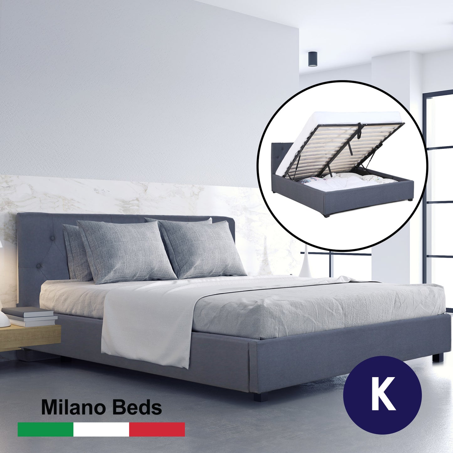 Milano Capri Luxury Gas Lift Bed Frame Base And Headboard With Storage - King - Charcoal