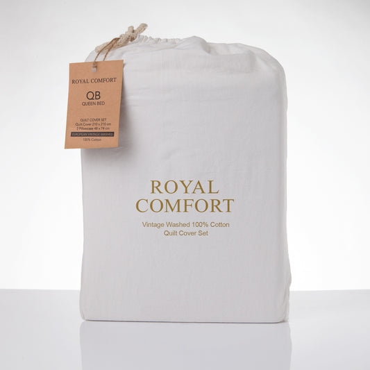 Royal Comfort Vintage Washed 100% Cotton Quilt Cover Set Bedding Ultra Soft - King - White