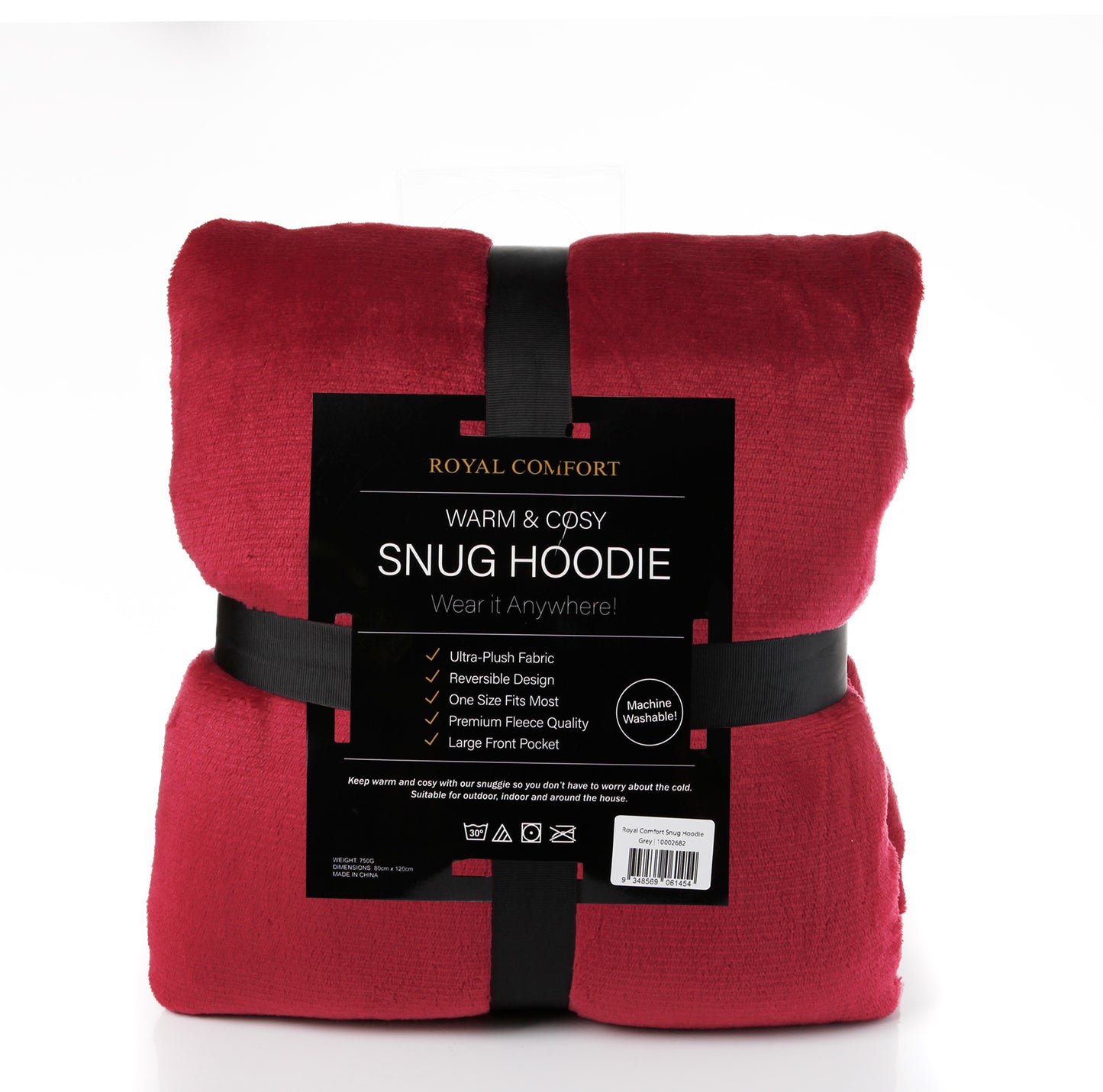 Royal Comfort Snug Hoodie Nightwear Super Soft Reversible Coral Fleece 750GSM - Red