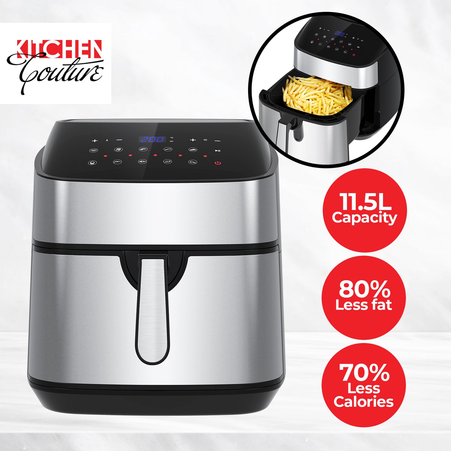 Kitchen Couture 11.5 Litre Air Fryer Multifunctional LCD Digital Display Silver