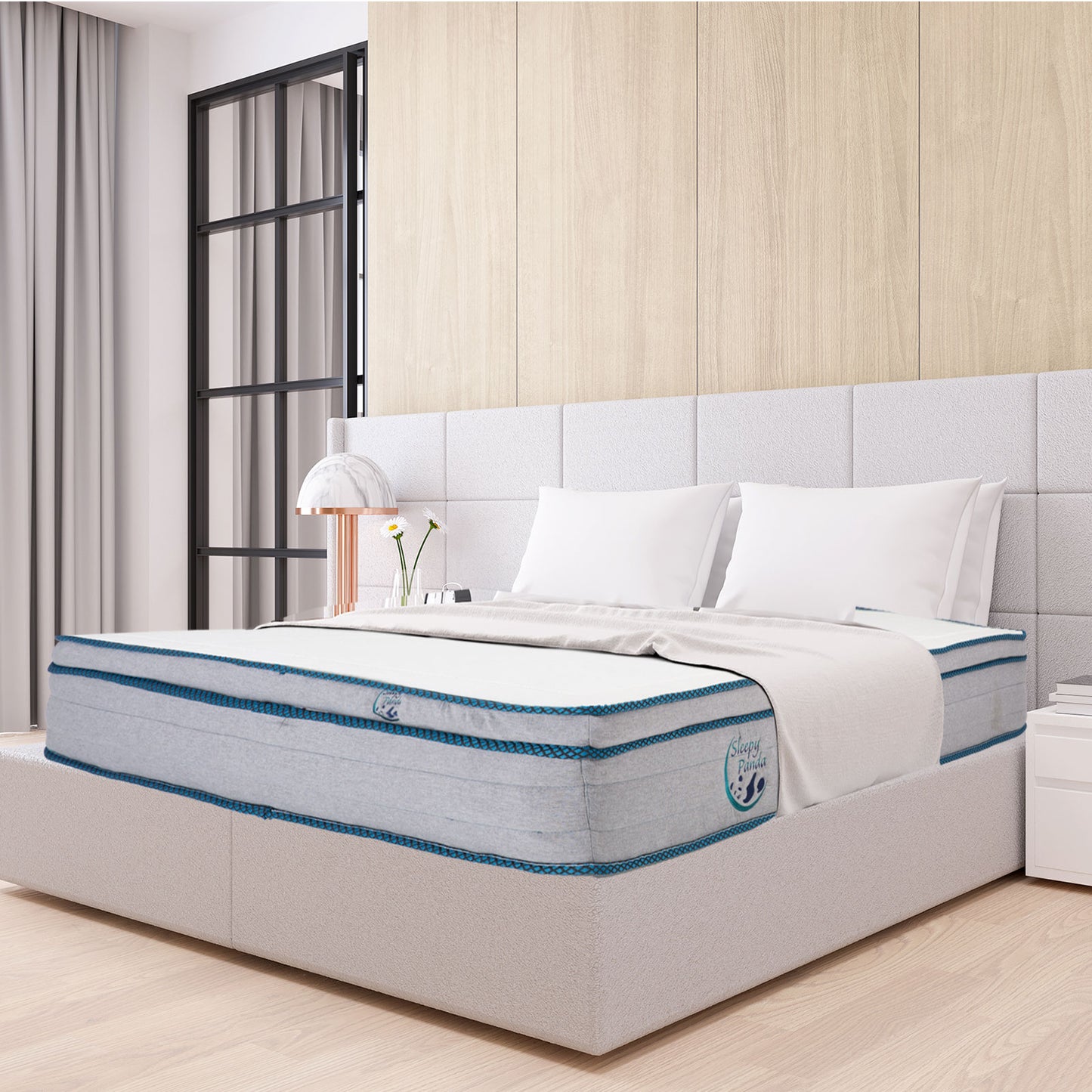 Sleepy Panda Mattress 5 Zone Pocket Spring EuroTop Medium Firm 30cm Thickness - Double - White  Grey  Blue