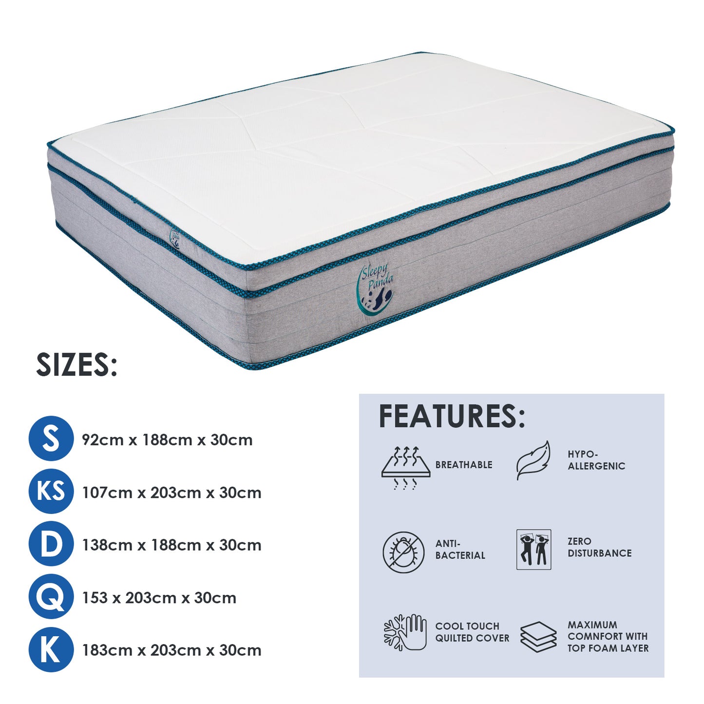 Sleepy Panda Mattress 5 Zone Pocket Spring EuroTop Medium Firm 30cm Thickness - Double - White  Grey  Blue