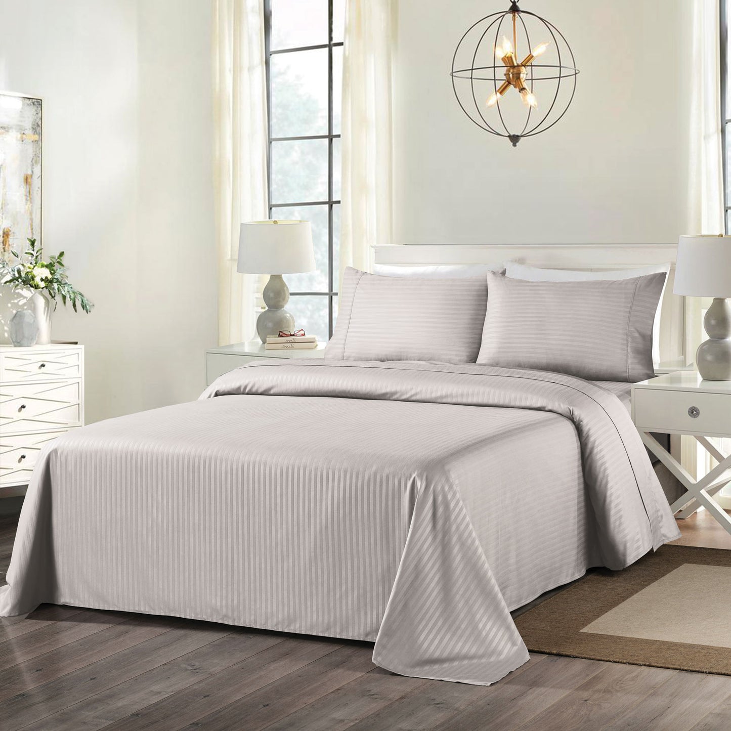 Royal Comfort Cooling Bamboo Blend Sheet Set Striped 1000 Thread Count Pure Soft - Double - Silver Grey