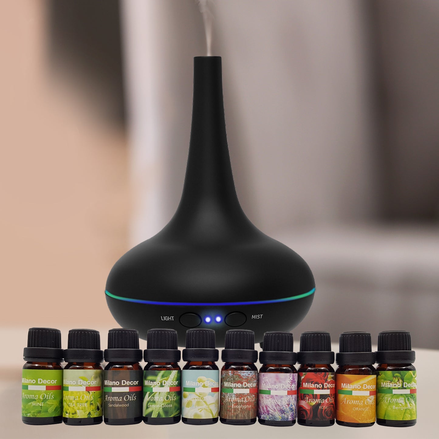 Milano Aroma Diffuser Set With 13 Pack Diffuser Oils Humidifier Aromatherapy - Black